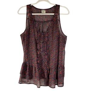 Sheer Floral Sleeveless Blouse Ruffles Inked & Faded Womens Size Large